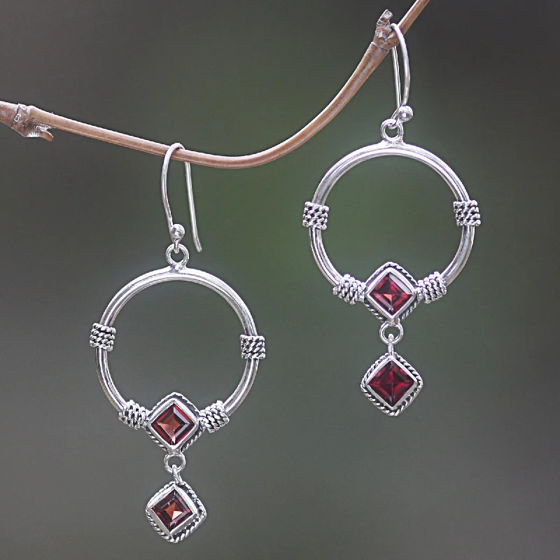 Best hoop earrings with infinity designs for a timeless and meaningful symbol-Rings of Happiness in Red Sterling Silver and Garnet Dangle Earrings from Indonesia