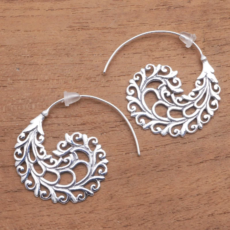 Large hoop earrings for a bold and statement-making fashion accessory-Romantic Vines Vine Pattern Sterling Silver Half-Hoop Earrings from Bali