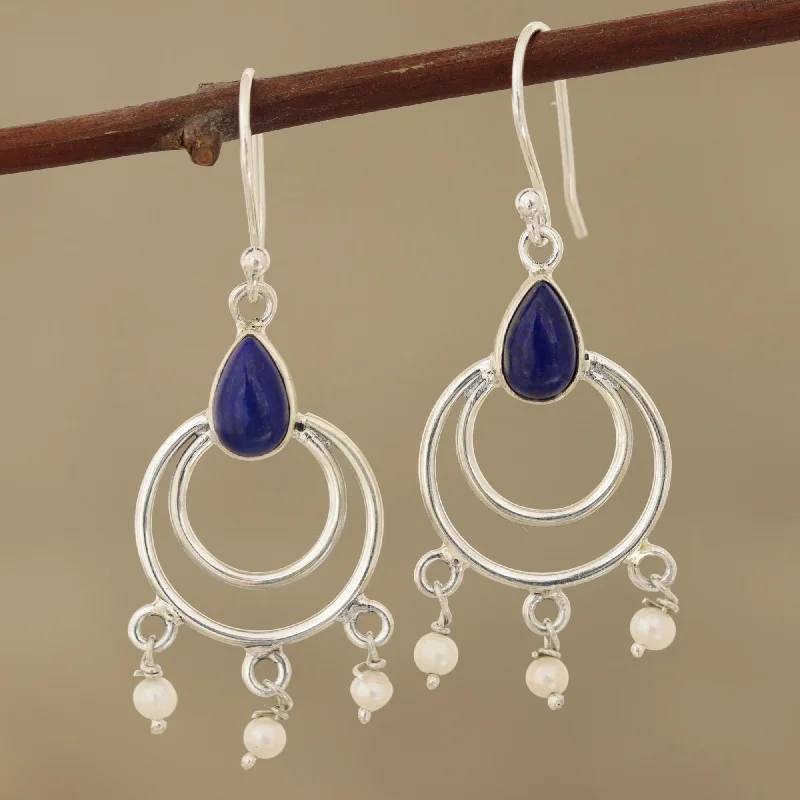 Best hoop earrings with delicate chain details for a trendy and stylish design-Royal Aesthetic Lapis Lazuli and Cultured Pearl Dangle Earrings from India