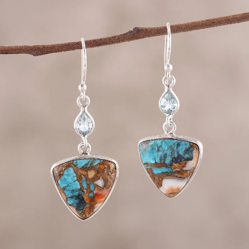 Hoop earrings with twisted leather for a chic and modern boho look-Royal Colors Recon. Turquoise and Blue Topaz Dangle Earrings