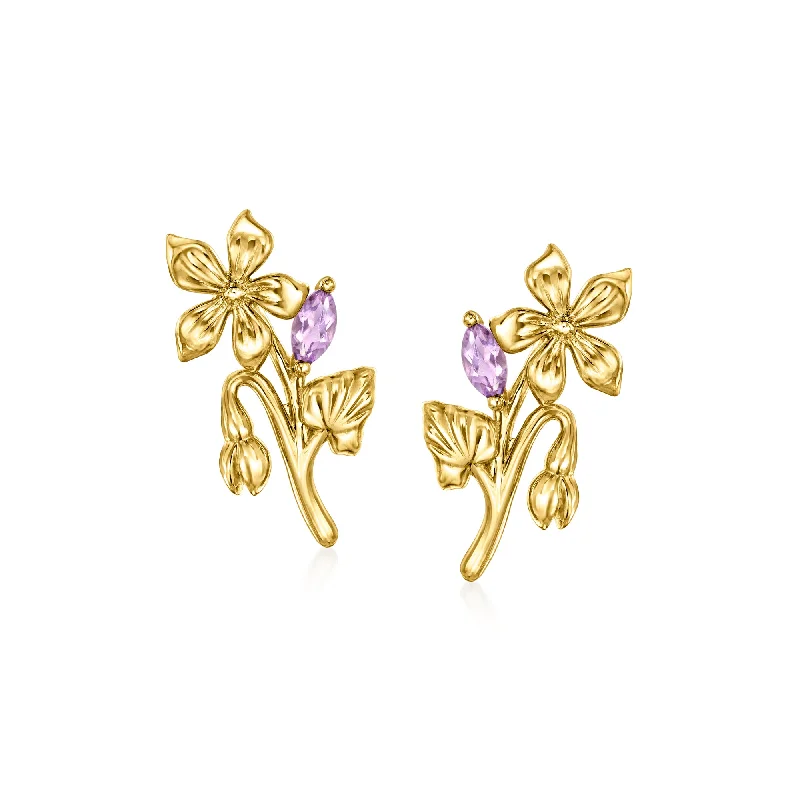 Hoop earrings with multi-tone finishes for a colorful and layered effect-RS Pure by Ross-Simons Amethyst Violet Flower Earrings in 14kt Yellow Gold