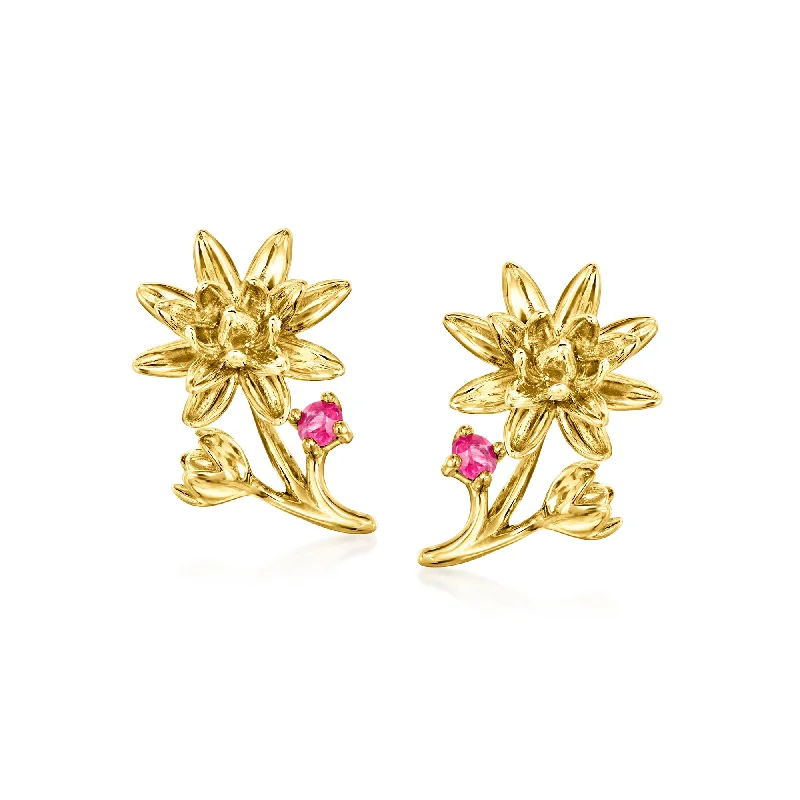 Hoop earrings with oversized designs for a bold, fashion-forward statement-RS Pure by Ross-Simons Ruby-Accented Water Lily Flower Earrings in 14kt Yellow Gold