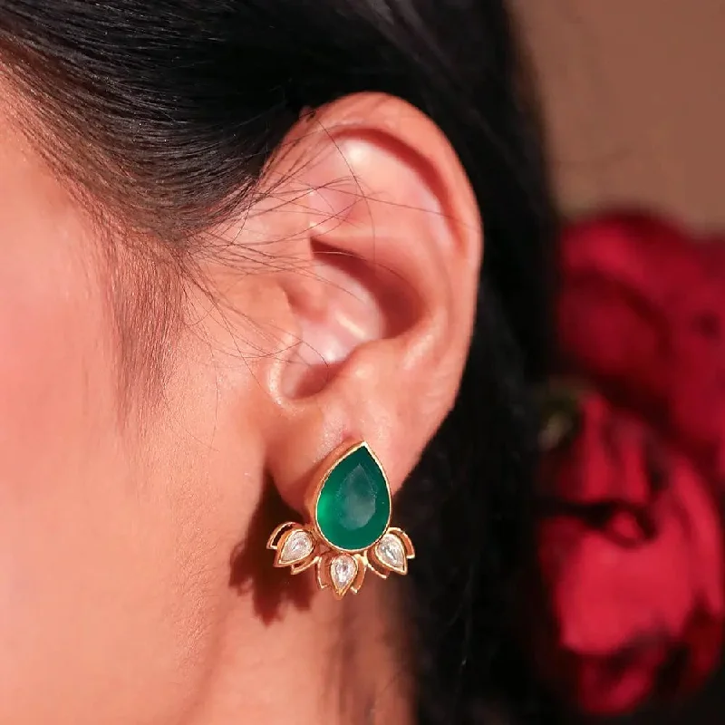 Best hoop earrings with textured silver for a rustic and organic finish-SITAYAN Silver Green Lotus Studs