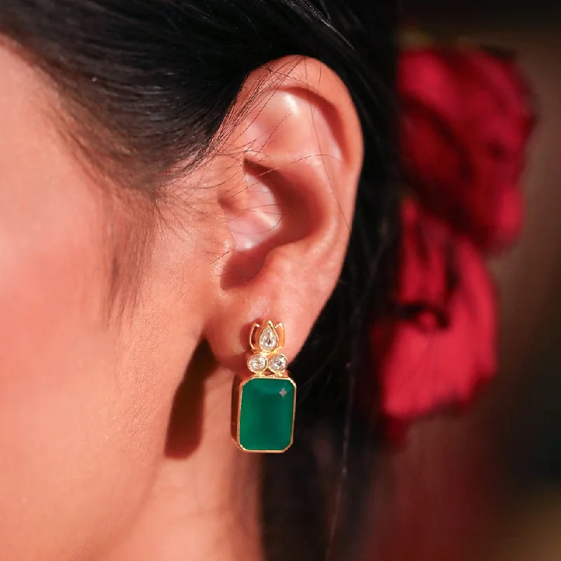 Hoop earrings with intricate designs for a unique and artistic appearance-Sitayan Silver Green Studs