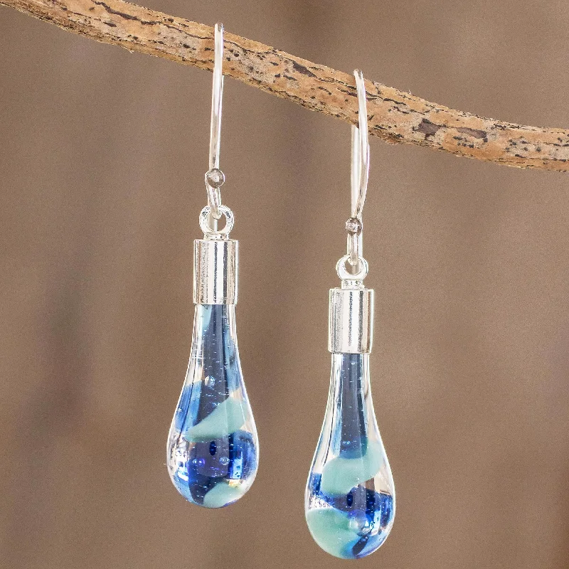 Hoop earrings with artistic filigree designs for an intricate, delicate finish-Sky and Sea Art Glass Dangle Earrings in Blue from Costa Rica