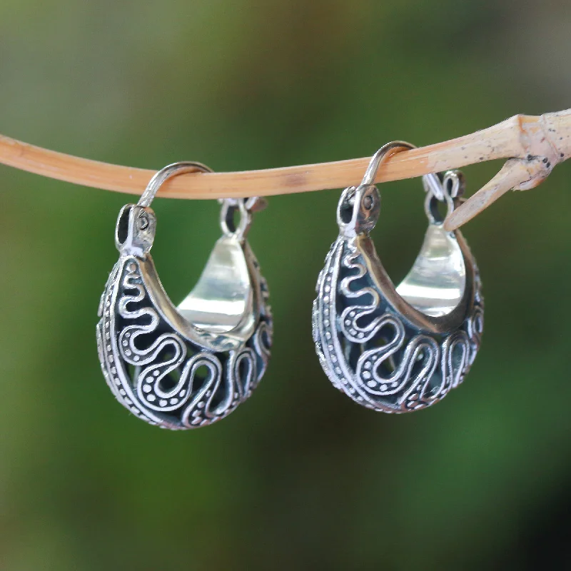 Best hoop earrings with smooth ceramic finishes for a polished, clean style-Snaking Baskets Wavy Pattern Sterling Silver Hoop Earrings from Bali