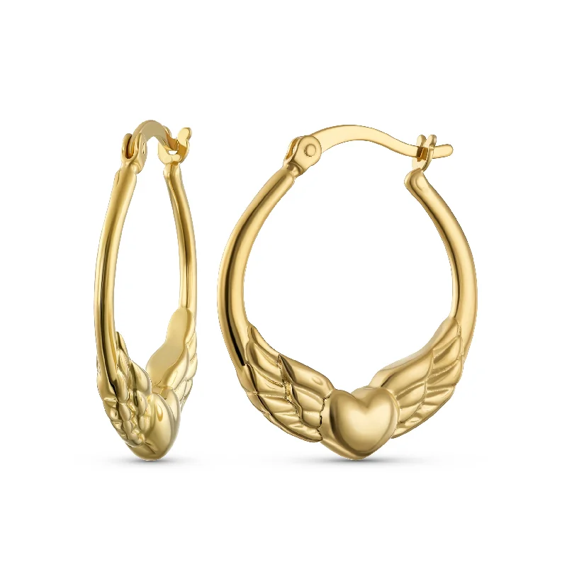 Hoop earrings with textured gold for a refined and sophisticated aesthetic-Spiritual Angel Wing Heart Hoop Huggie Earrings 14K Gold Plated Sterling Silver