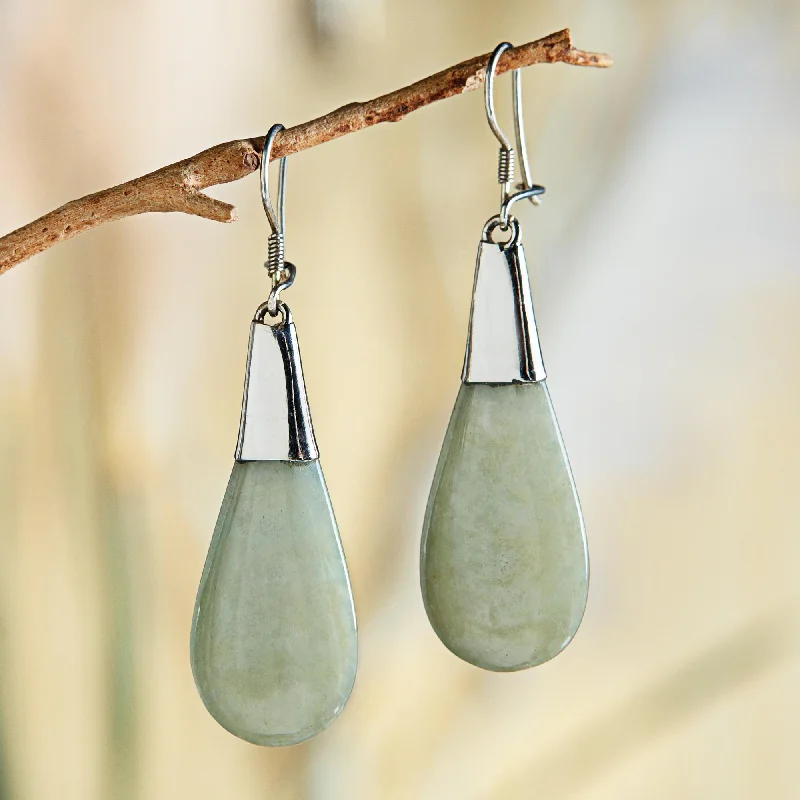 Hoop earrings with gold accents for a warm, elegant statement piece-Subtle Dewdrops Pale Green Jade and Sterling Silver Teardrop Dangle Earrings