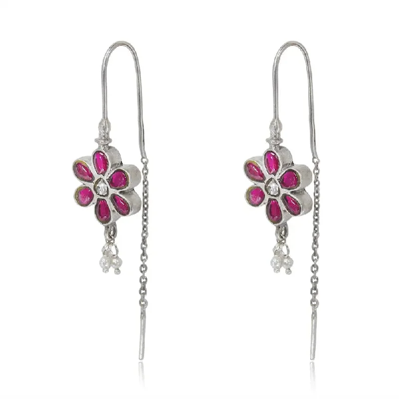 Classic hoop earrings with a thin profile for a sleek and subtle style-Silver flower sui dhaga earrings