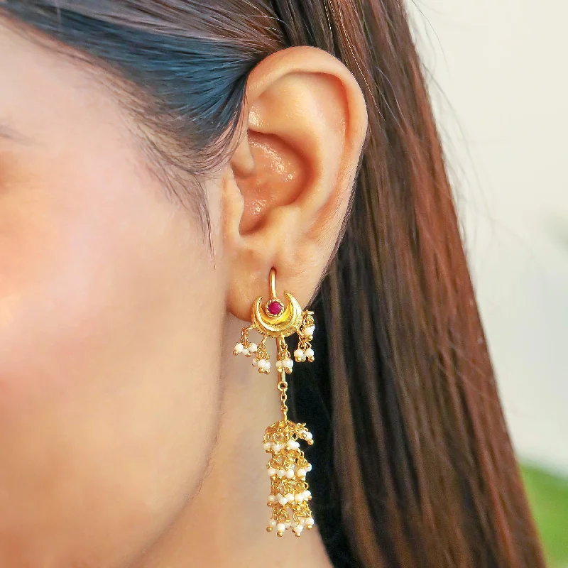 Hoop earrings with spiral designs for a dynamic and fluid look-Silver Crescent moon sui dhaga