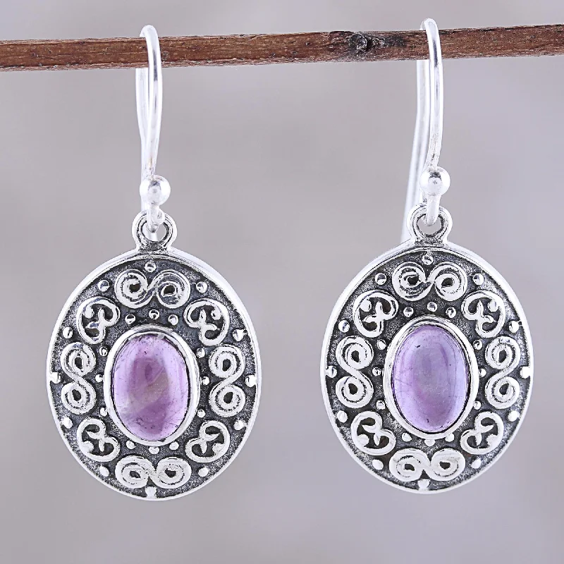 Best hoop earrings with geometric shapes for a modern and artistic appeal-Swirling Ellipse Swirl Motif Oval Amethyst Dangle Earrings from India