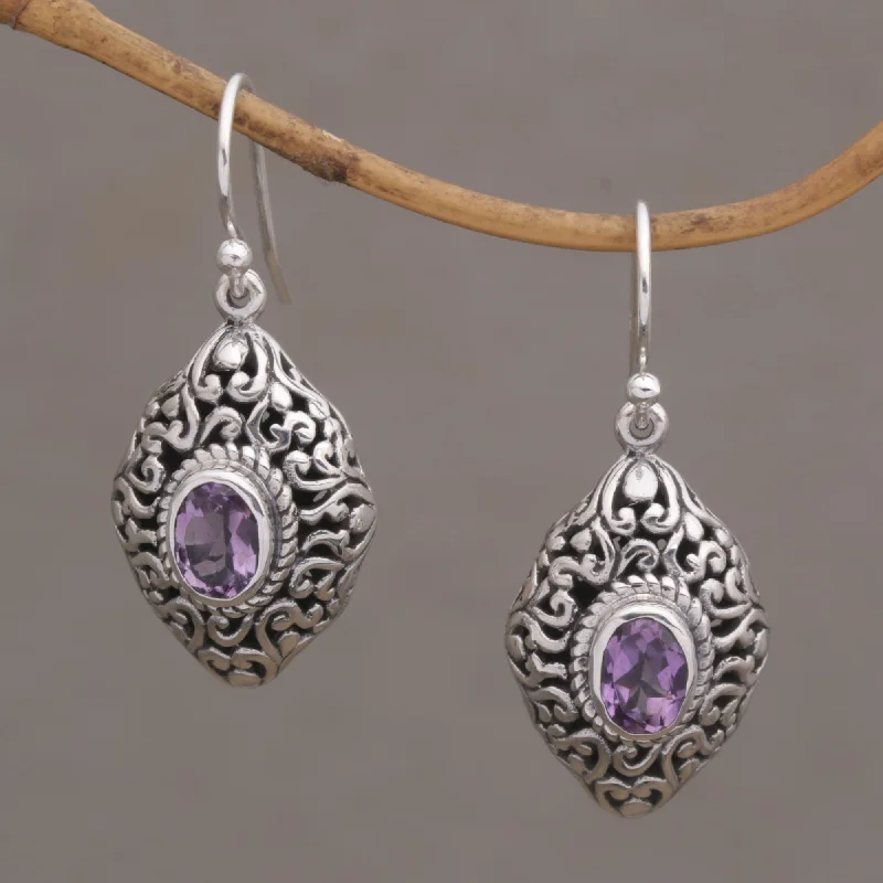 Hoop earrings with rhinestone-studded rims for a glamorous touch-Tabanan Tendrils Amethyst and Sterling Silver Dangle Earrings from Bali