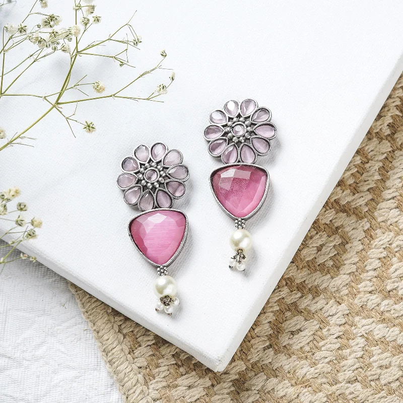 Hoop earrings with stacked layers for a bold and textured design-Teejh Ashikaa Pink and White Silver Oxidised Earring