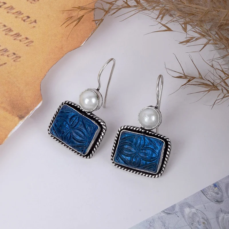 Hoop earrings with oversized pearl accents for a statement-making look-Teejh Diti Dark Blue Stone & Pearl Earrings