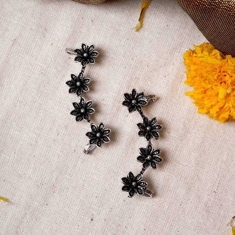 Hoop earrings with gold accents for a warm, elegant statement piece-Teejh Ekta Silver Oxidised Floral Earcuffs