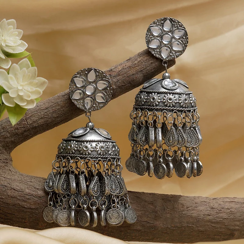 Hoop earrings with rhinestone embellishments for a glamorous and sparkling look-Teejh Iksu Silver Oxidised Jhumkas