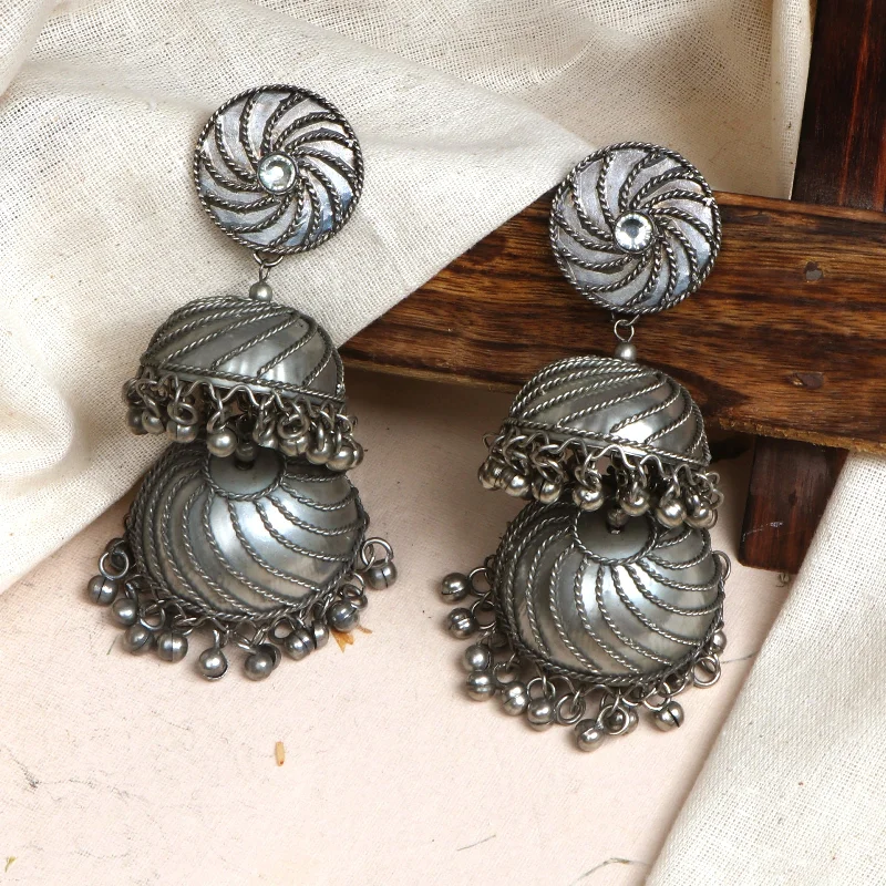 Best hoop earrings with floral designs for a feminine and delicate look-Teejh Oishi Silver Oxidised Jhumkis