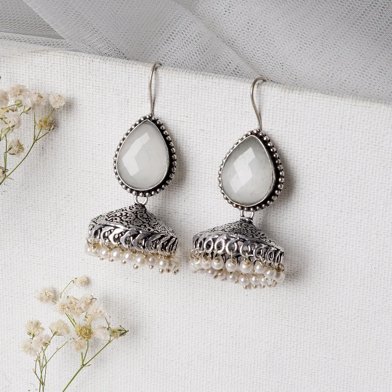 Hoop earrings with spiral designs for a dynamic and fluid look-Teejh Sahasra White Stone Silver Oxidised Earrings