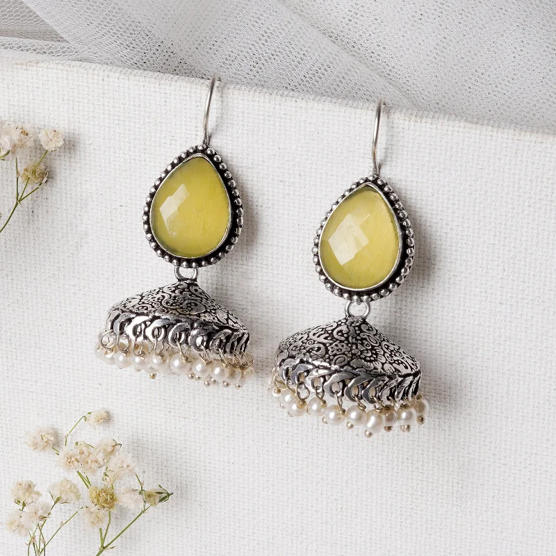 Hoop earrings with oversized designs for a bold, fashion-forward statement-Teejh Sahasra Yellow Stone Silver Oxidised Earrings