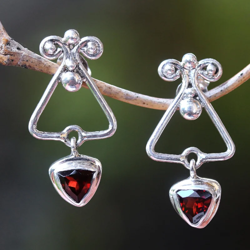 Hoop earrings with hearts for a sweet and romantic gesture-Triangle Dew Triangular Garnet Dangle Earrings from Bali