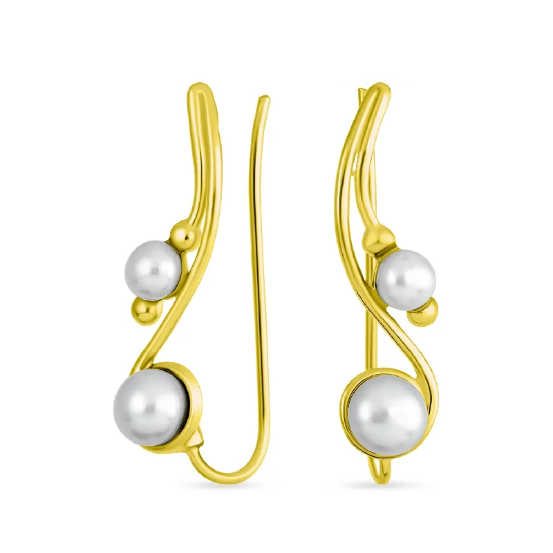 Hoop earrings with floral motifs for a feminine and nature-inspired look-White Freshwater Pearl Ear Cuff Cartilage Climbers 14K Gold Plated Silver