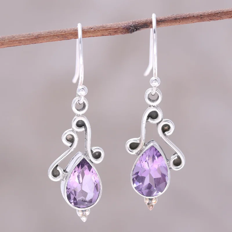 Best hoop earrings with geometric pendants for a modern, chic appeal-Windy Drops Swirl Motif Amethyst Dangle Earrings from India