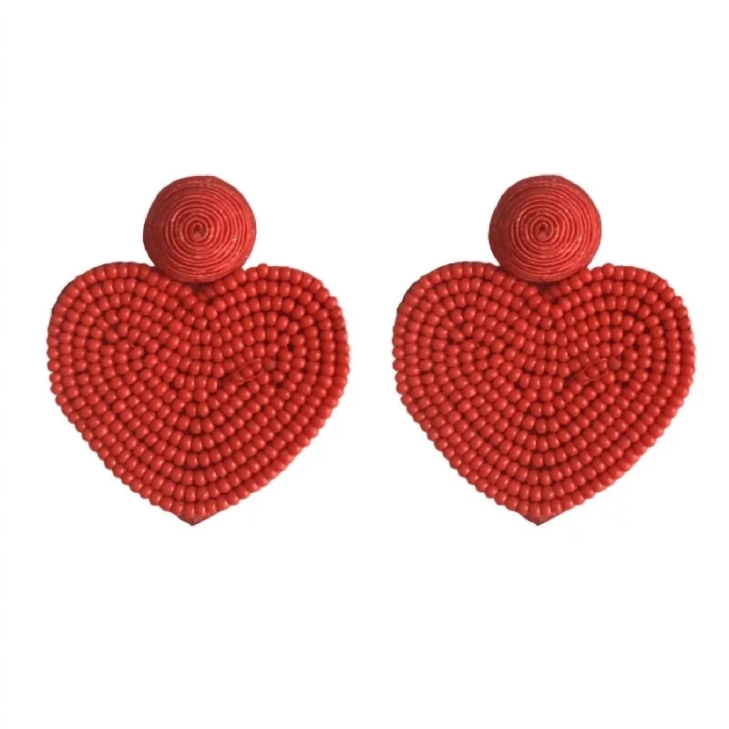 Hoop earrings with oversized pearl accents for a statement-making look-Women's Beaded Heart Earrings In Red