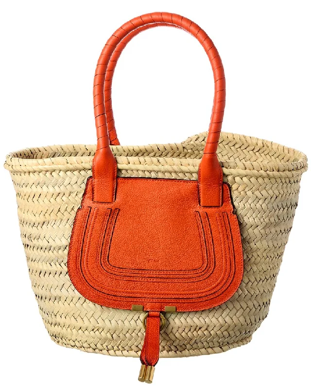 Handle bags with padded interiors for laptops -Chloe Marcie Medium Raffia & Leather Basket Tote