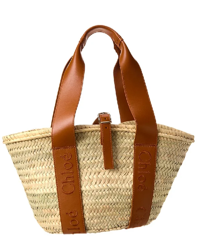 Handle bags with bold logos for branding -Chloé Sense Medium Raffia & Leather Basket Tote