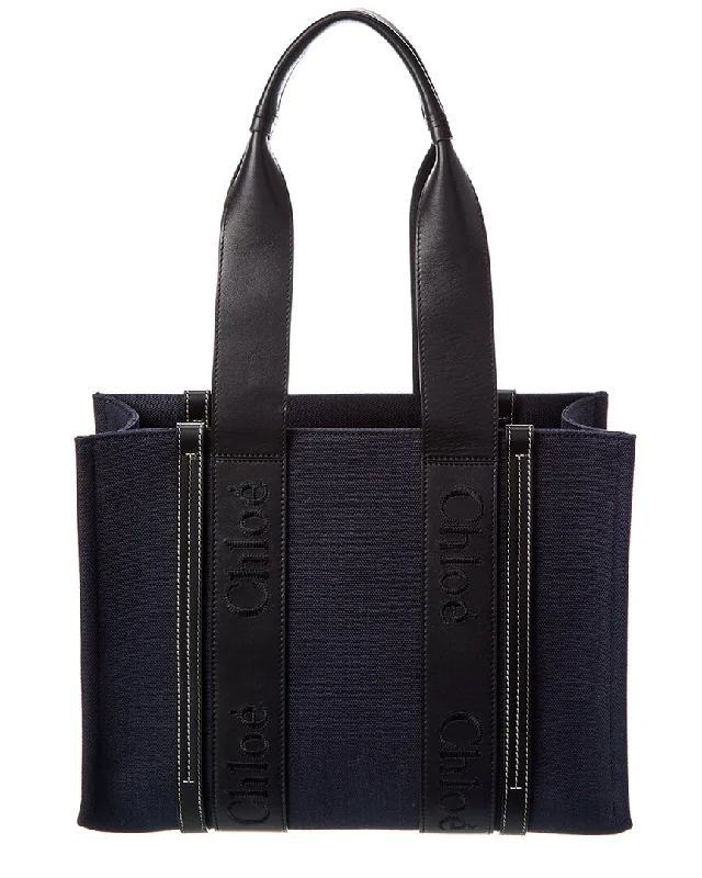 Handle bags with side pockets for organization -Chloé Woody Medium Linen & Leather Tote